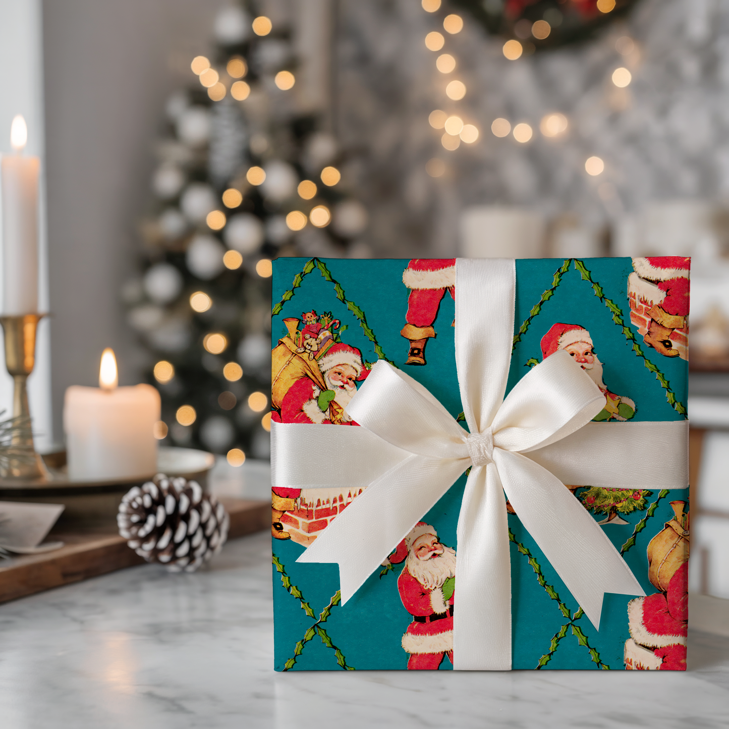 Santa on Teal with Holly
