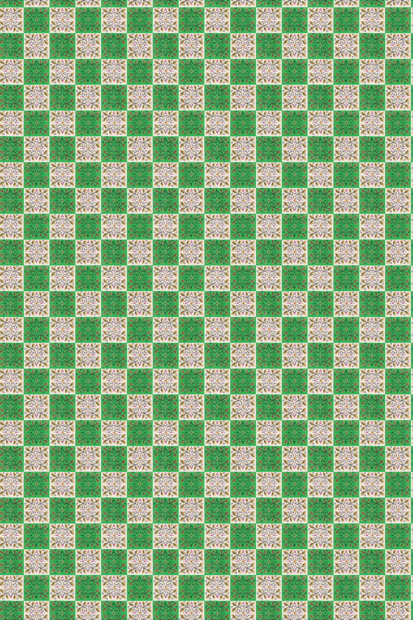 Gold snowflakes on green and white checks