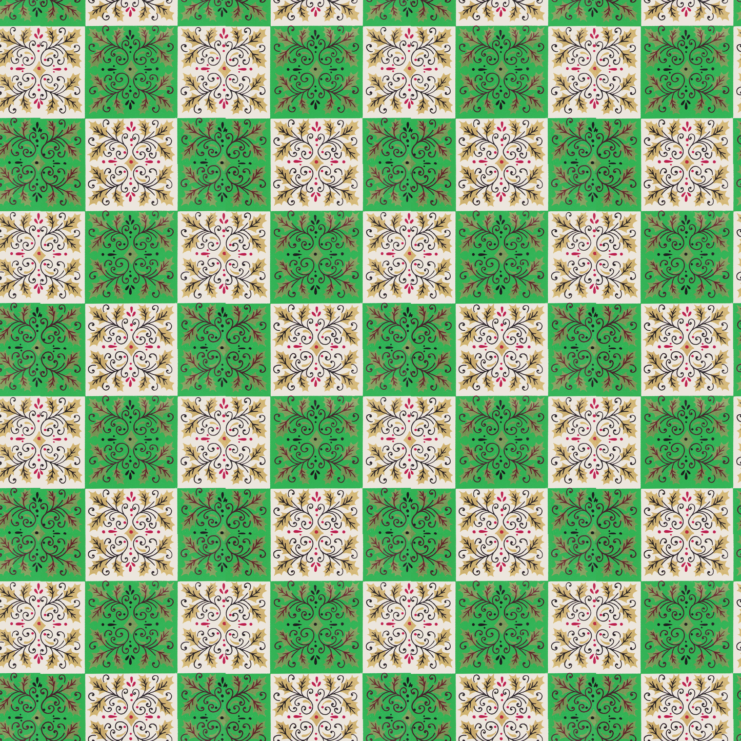 Gold snowflakes on green and white checks