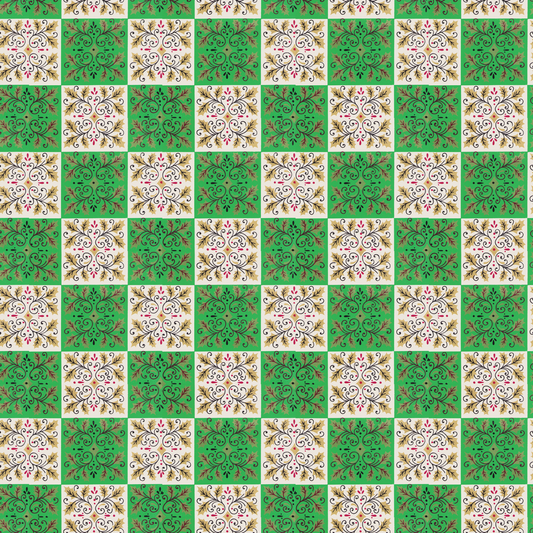 Gold snowflakes on green and white checks