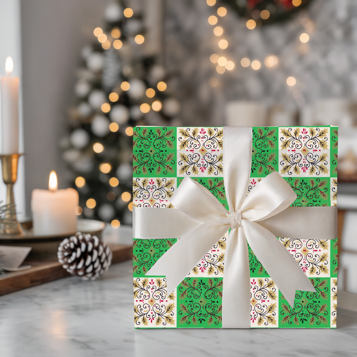 Gold snowflakes on green and white checks