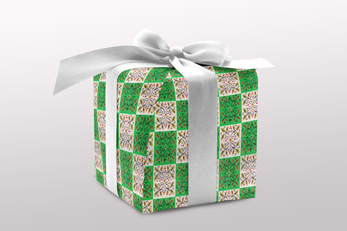 Gold snowflakes on green and white checks