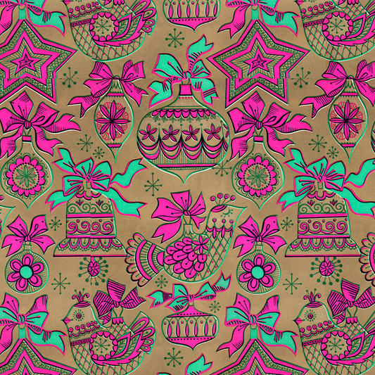 Teal and Pink Stars and Ornaments on Gold