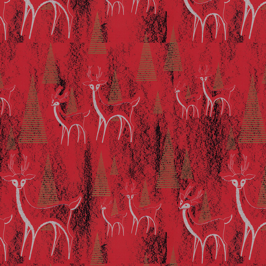 Stylized Deer on Red and Gold Trees