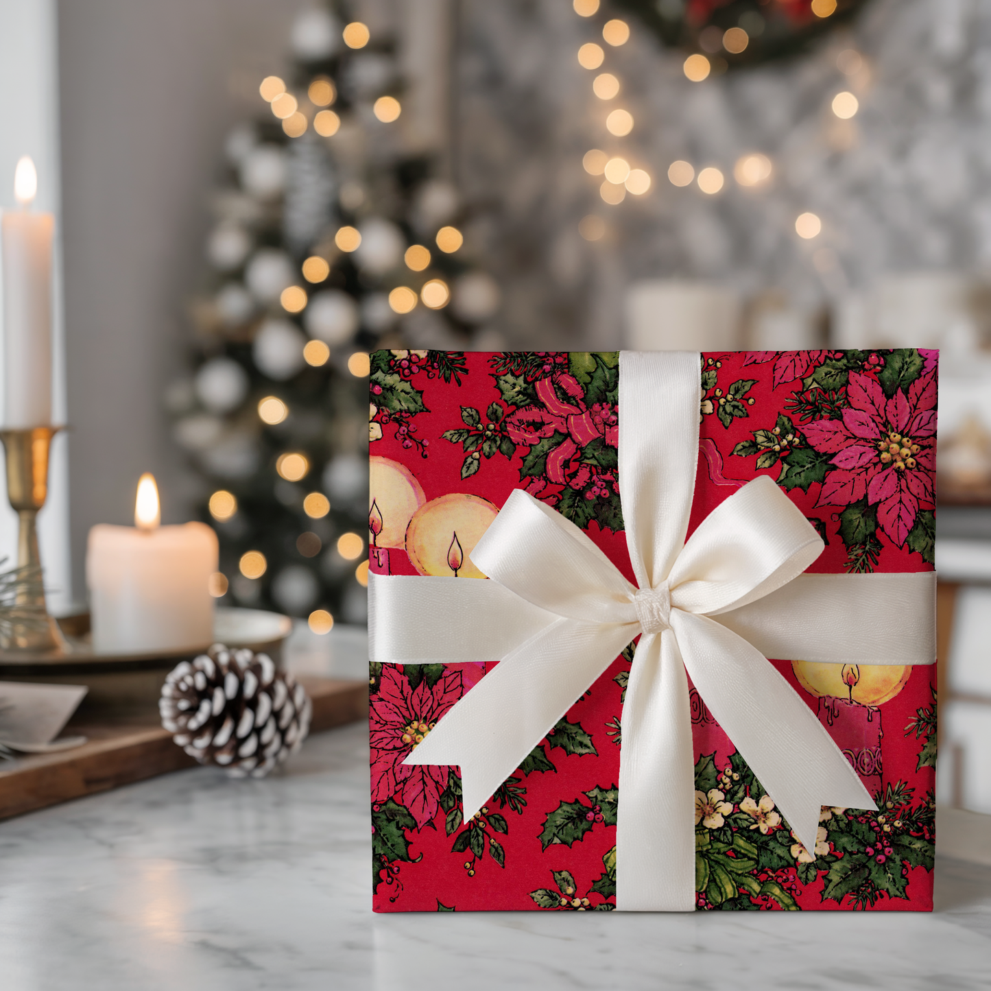 Candles and Holly on Red