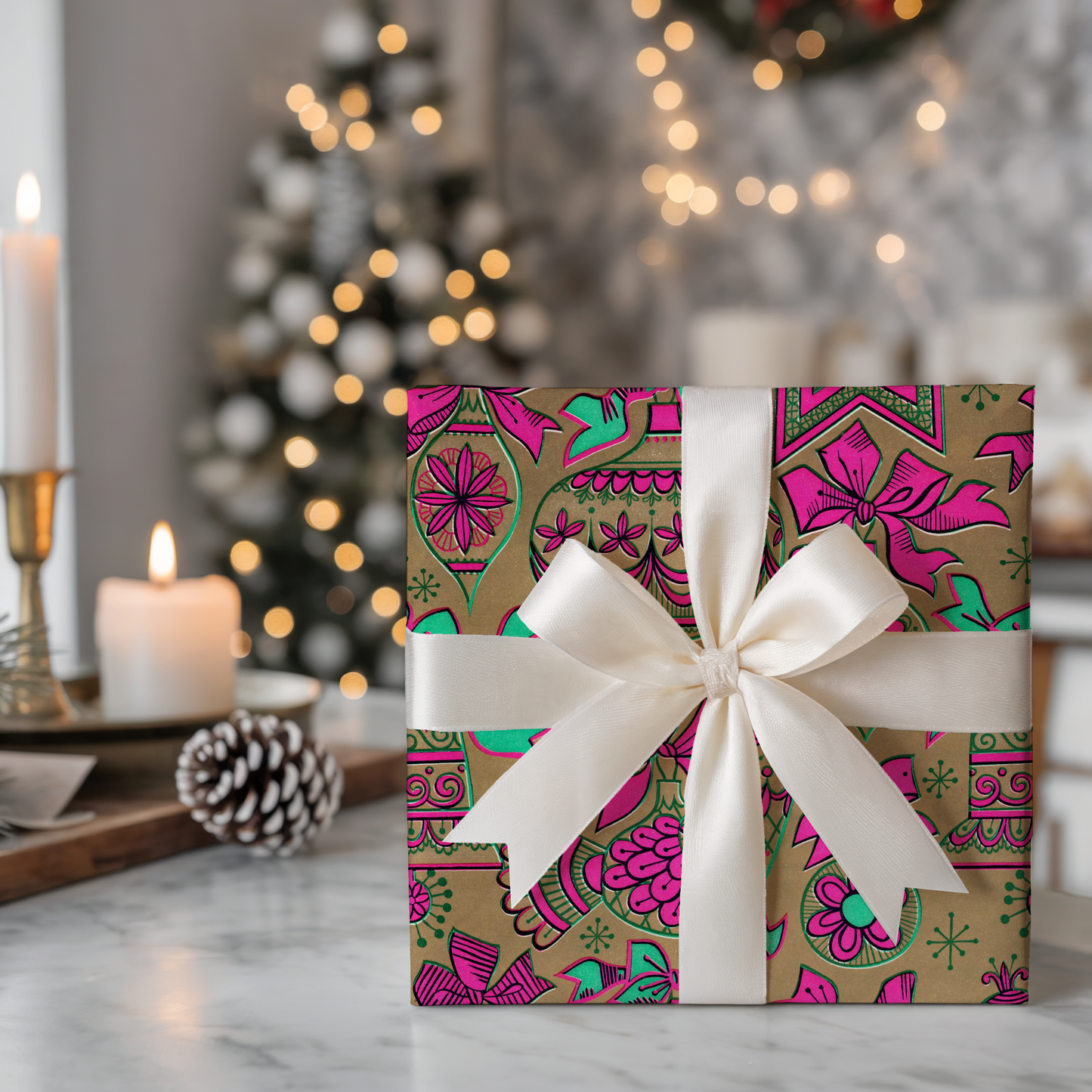 Teal and Pink Stars and Ornaments on Gold